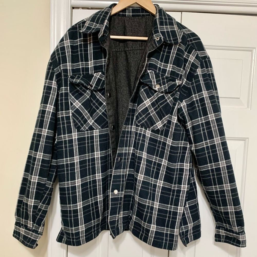 90s Y2K REVERSIBLE Denim Flannel Shacket Shirt Jacket - 3 Pockets - MENS XL